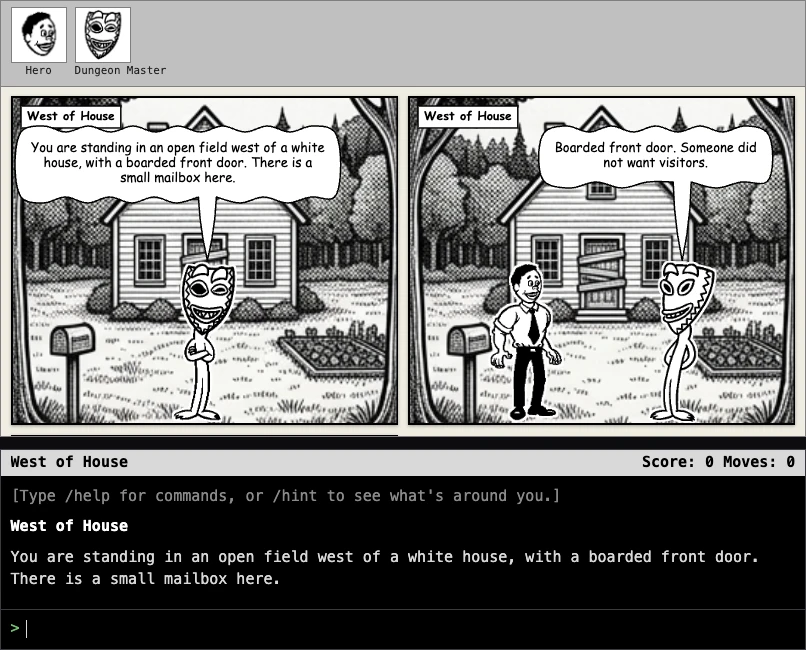 Grues in Comic: a two-panel Comic Chat-style strip of a Zork scene above the game's text console.